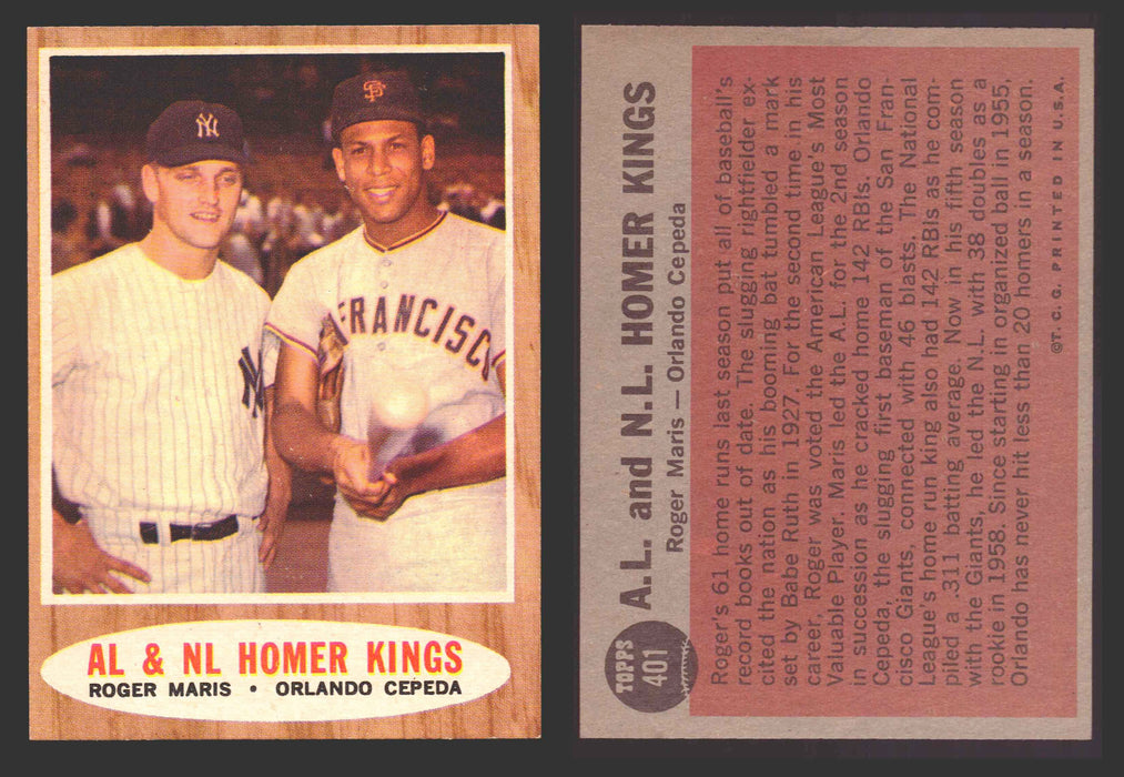 1962 Topps Baseball Trading Card You Pick Singles #400-#499 VG/EX #	401 AL & NL Homer Kings - Maris / Cepeda  - TvMovieCards.com