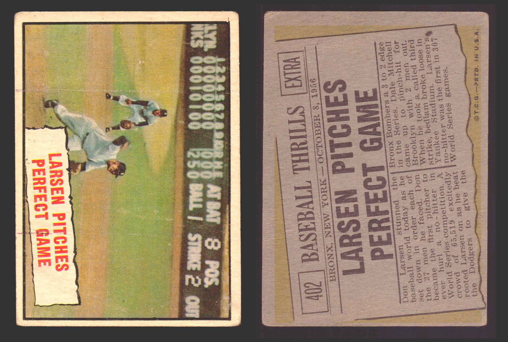 1961 Topps Baseball Trading Card You Pick Singles #400-#499 VG/EX #	402 Thrills - Larsen Pitches Perfect Game SP  - TvMovieCards.com