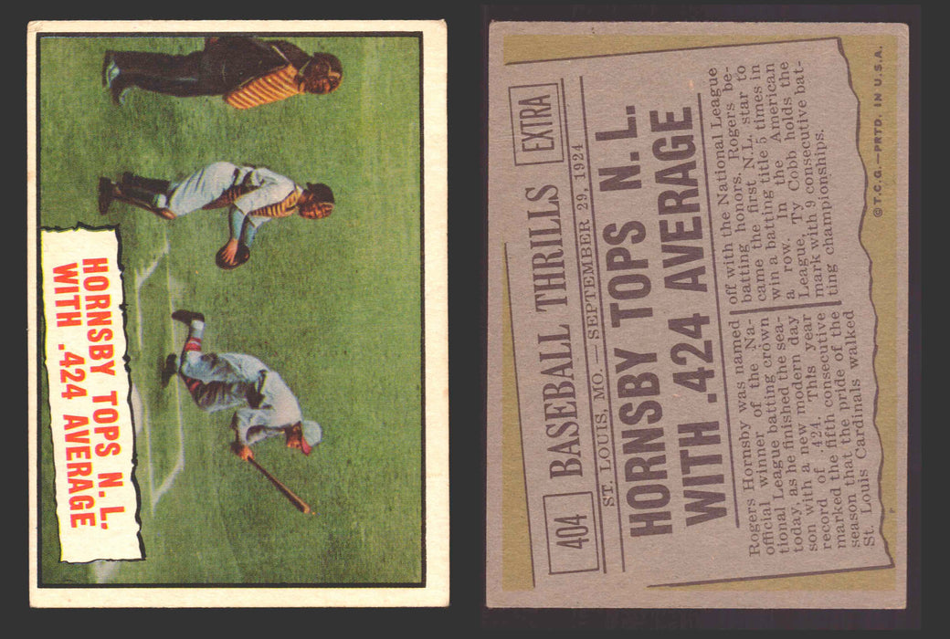 1961 Topps Baseball Trading Card You Pick Singles #400-#499 VG/EX #	404 Thrills - Hornsby Tops N.L. With .424 Average (creased)  - TvMovieCards.com