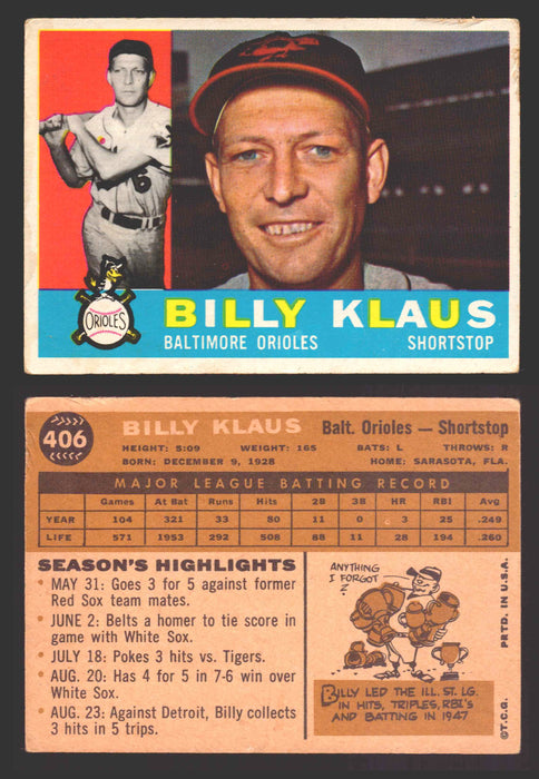 1960 Topps Baseball Trading Card You Pick Singles #250-#572 VG/EX 406 - Billy Klaus  - TvMovieCards.com
