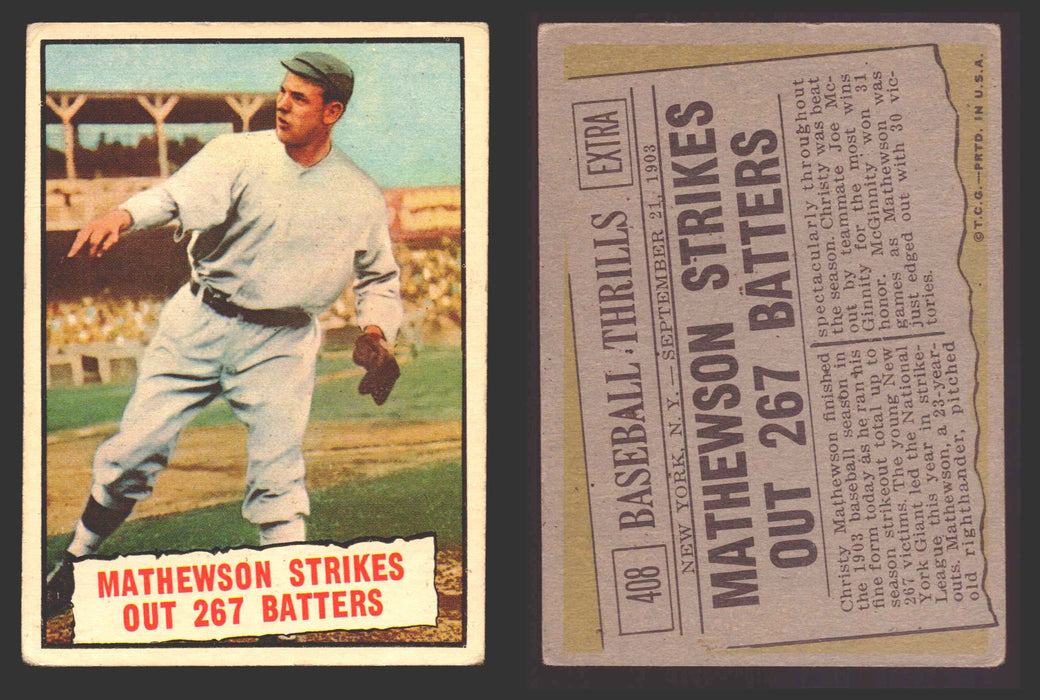 1961 Topps Baseball Trading Card You Pick Singles #400-#499 VG/EX #	408 Thrills - Mathewson Strikes Out 267 Batters SP  - TvMovieCards.com