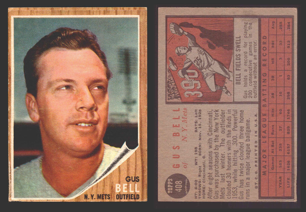 1962 Topps Baseball Trading Card You Pick Singles #400-#499 VG/EX #	408 Gus Bell - New York Mets  - TvMovieCards.com