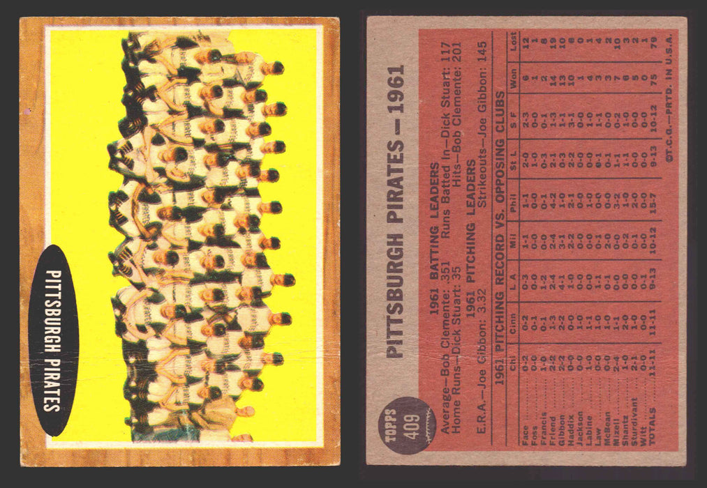1962 Topps Baseball Trading Card You Pick Singles #400-#499 VG/EX #	409 Pittsburgh Pirates Team (creased)  - TvMovieCards.com
