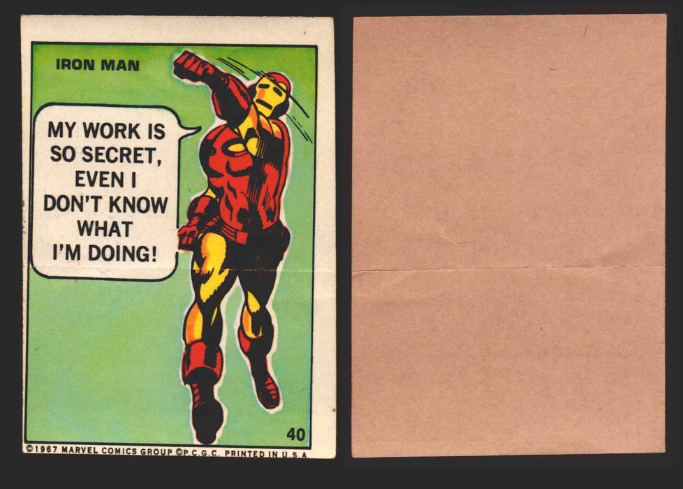 1967 Philadelphia Gum Marvel Super Hero Stickers Vintage You Pick Singles #1-55 40   Iron Man - My work is so secret even I don't know what I'm doing!  - TvMovieCards.com