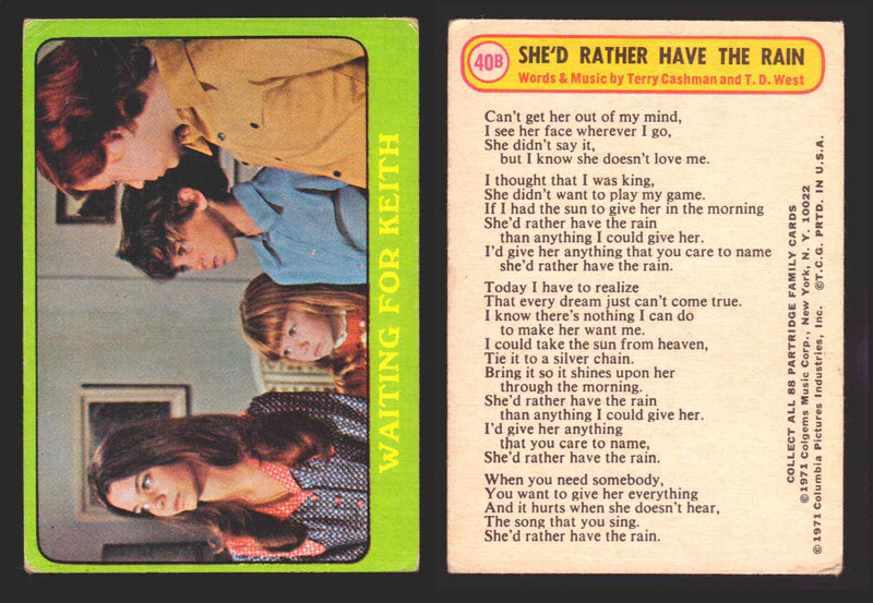 1971 The Partridge Family Series 3 Green You Pick Single Cards #1-88B Topps USA #	40B   Waiting for Keith  - TvMovieCards.com