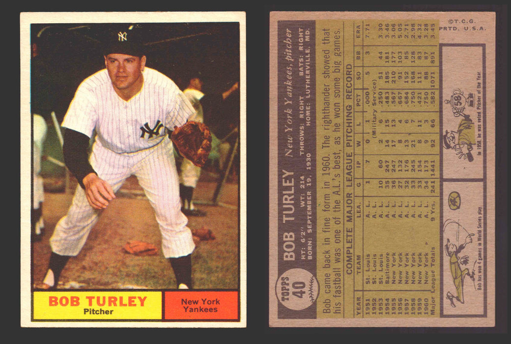 1961 Topps Baseball Trading Card You Pick Singles #1-#99 VG/EX #	40 Bob Turley - New York Yankees  - TvMovieCards.com