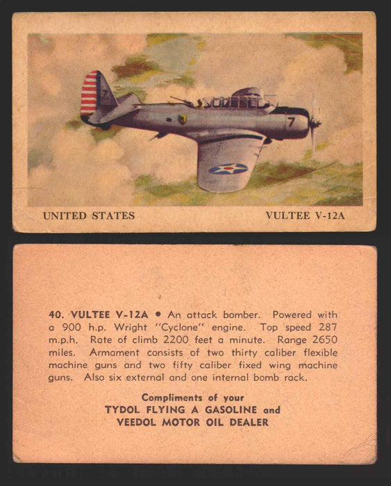 1940 Tydol Aeroplanes Flying A Gasoline You Pick Single Trading Card #1-40 #	40	Vultee V-12A  - TvMovieCards.com