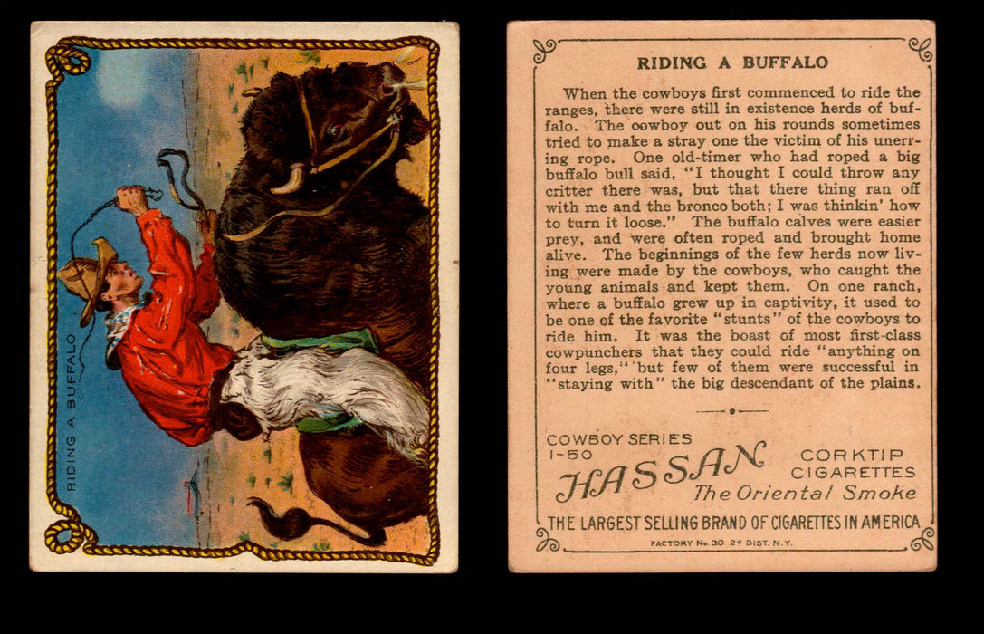1909 T53 Hassan Cigarettes Cowboy Series #1-50 Trading Cards Singles #40 Riding A Buffalo  - TvMovieCards.com