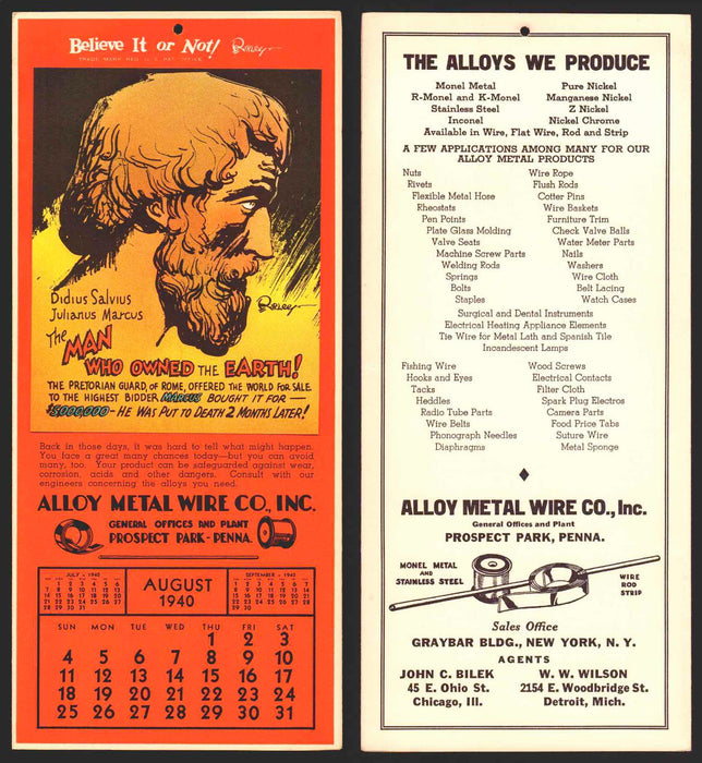 Ripley's Believe It or Not Facts Foldout Advertising Calendar 1933 - 1942 You Pi August	1940  - TvMovieCards.com