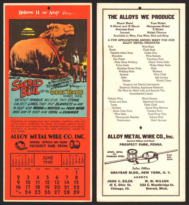 Ripley's Believe It or Not Facts Foldout Advertising Calendar 1933 - 1942 You Pi June	1940  - TvMovieCards.com
