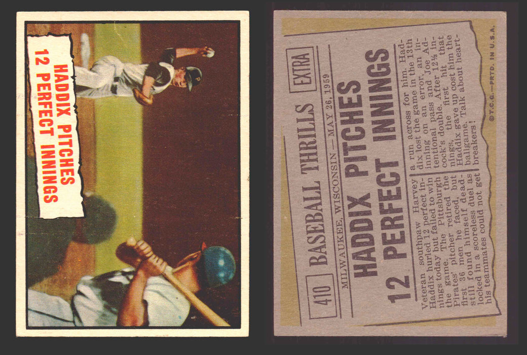1961 Topps Baseball Trading Card You Pick Singles #400-#499 VG/EX #	410 Thrills - Haddix Pitches 12 Perfect Innings  - TvMovieCards.com