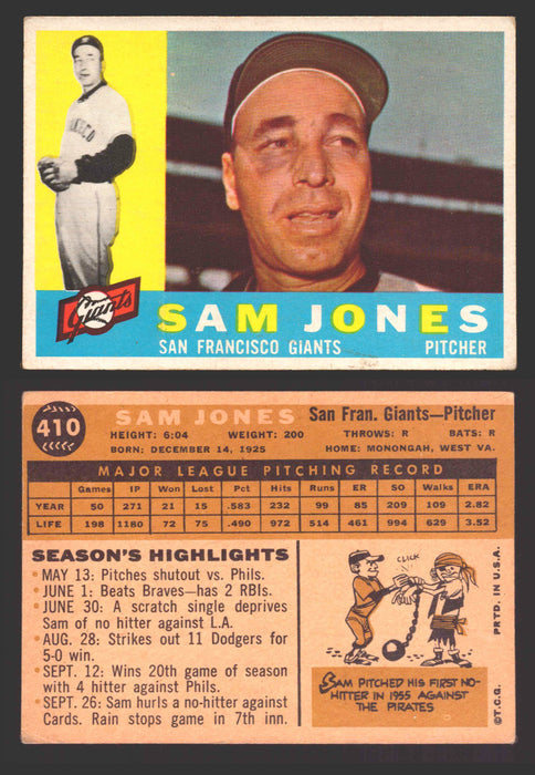 1960 Topps Baseball Trading Card You Pick Singles #250-#572 VG/EX 410 - Sam Jones  - TvMovieCards.com