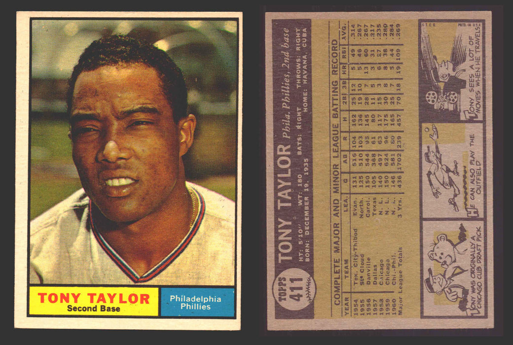 1961 Topps Baseball Trading Card You Pick Singles #400-#499 VG/EX #	411 Tony Taylor - Philadelphia Phillies  - TvMovieCards.com