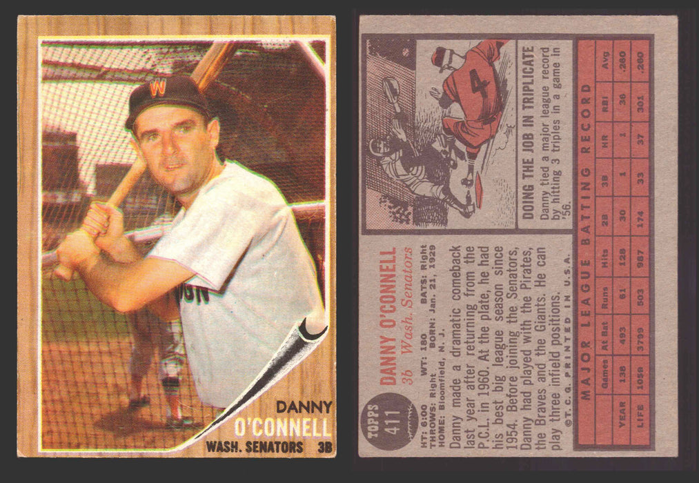 1962 Topps Baseball Trading Card You Pick Singles #400-#499 VG/EX #	411 Danny O'Connell - Washington Senators  - TvMovieCards.com