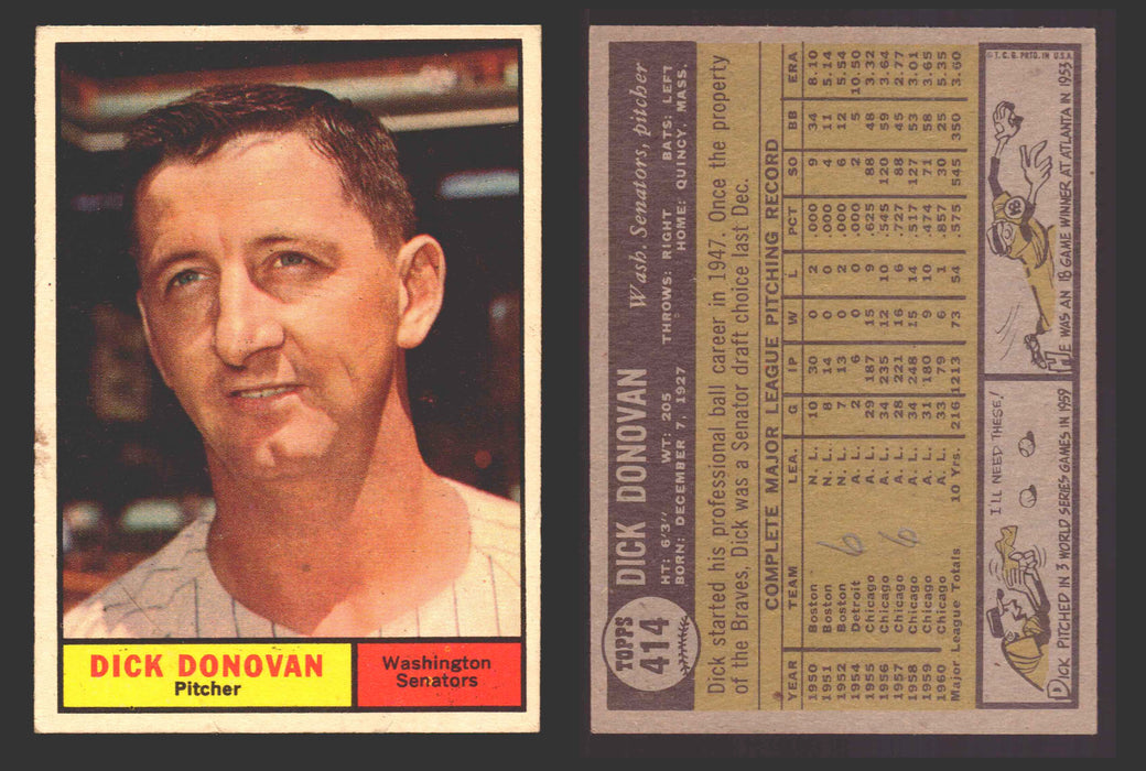 1961 Topps Baseball Trading Card You Pick Singles #400-#499 VG/EX #	414 Dick Donovan - Washington Senators (marked)  - TvMovieCards.com