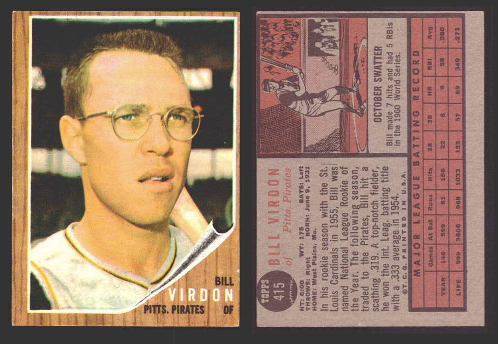 1962 Topps Baseball Trading Card You Pick Singles #400-#499 VG/EX #	415 Bill Virdon - Pittsburgh Pirates  - TvMovieCards.com