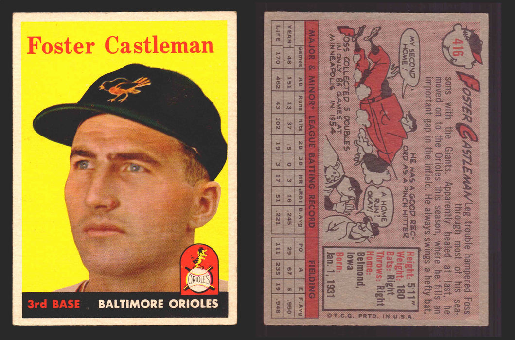 1958 Topps Baseball Trading Card You Pick Single Cards #1 - 495 EX/NM #	416	Foster Castleman  - TvMovieCards.com