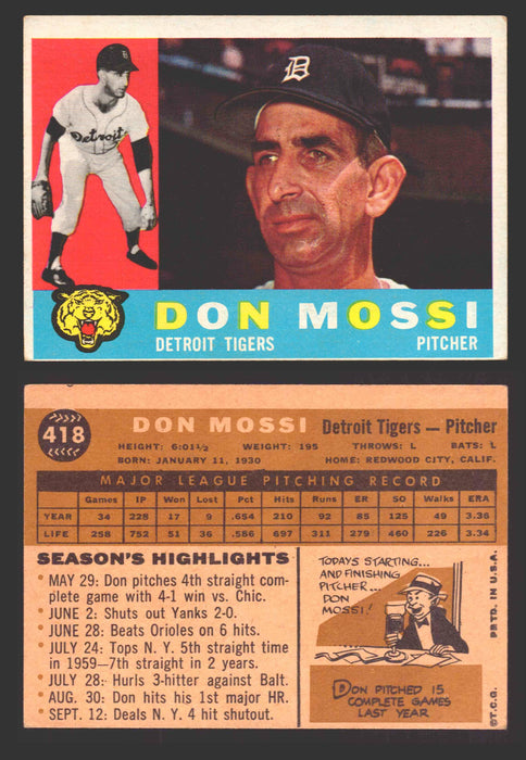 1960 Topps Baseball Trading Card You Pick Singles #250-#572 VG/EX 418 - Don Mossi  - TvMovieCards.com