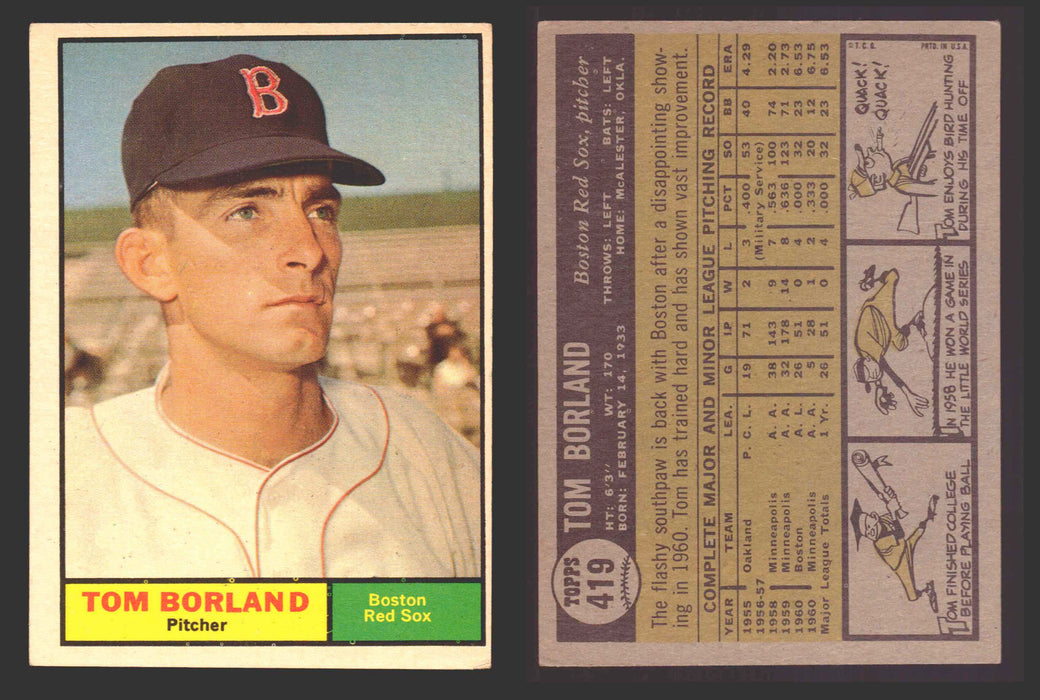 1961 Topps Baseball Trading Card You Pick Singles #400-#499 VG/EX #	419 Tom Borland - Boston Red Sox  - TvMovieCards.com