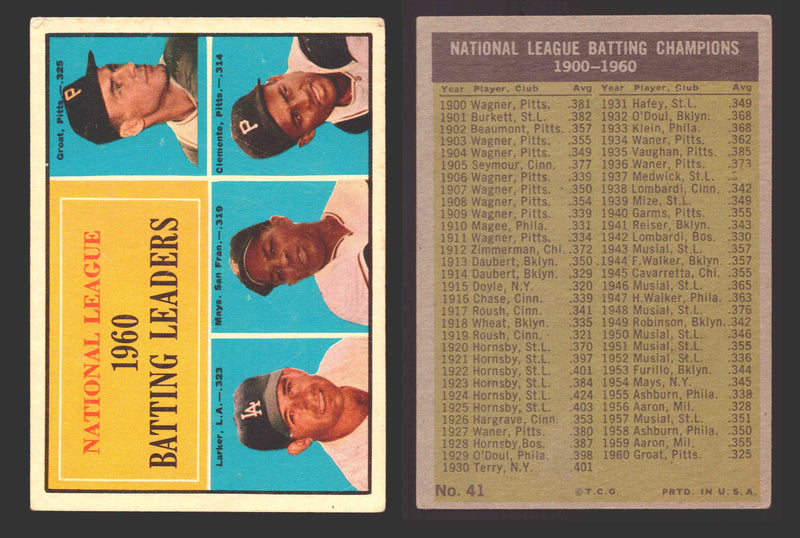 1961 Topps Baseball Trading Card You Pick Singles #1-#99 VG/EX #	41 NL 1960 Batting Leaders - Dick Groat / Norm Larker / Willie Mays / Roberto Clemente  - TvMovieCards.com