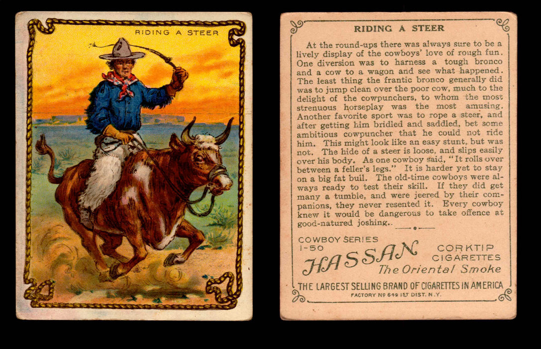 1909 T53 Hassan Cigarettes Cowboy Series #1-50 Trading Cards Singles #41 Riding A Steer  - TvMovieCards.com