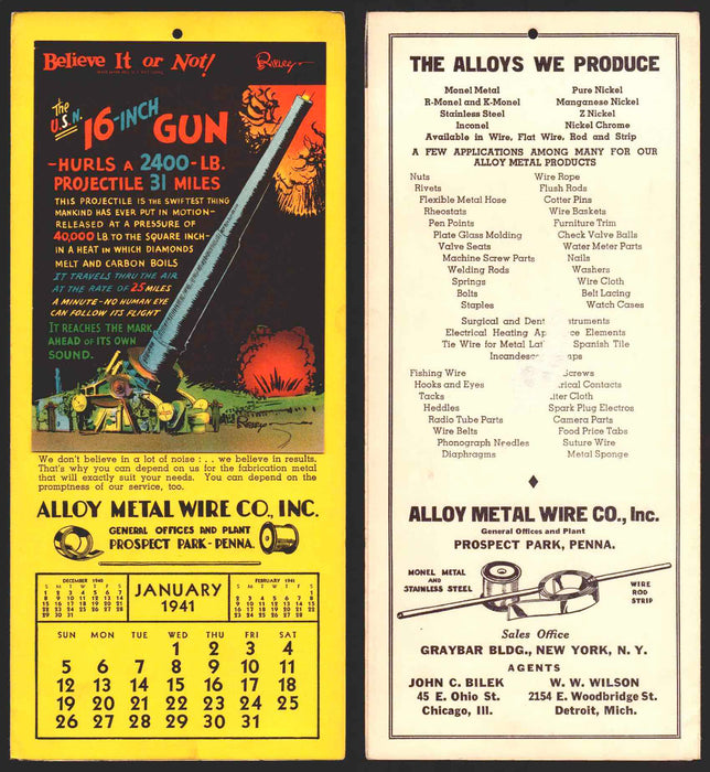Ripley's Believe It or Not Facts Foldout Advertising Calendar 1933 - 1942 You Pi January	1941  - TvMovieCards.com