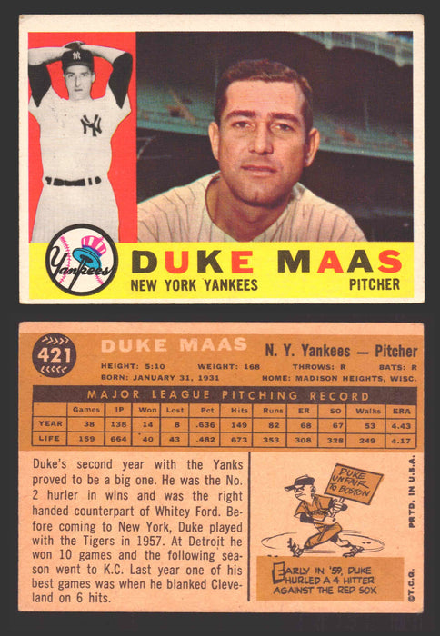 1960 Topps Baseball Trading Card You Pick Singles #250-#572 VG/EX 421 - Duke Maas  - TvMovieCards.com