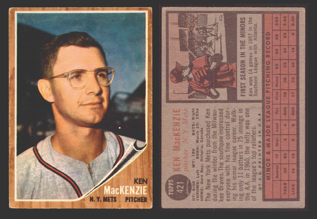 1962 Topps Baseball Trading Card You Pick Singles #400-#499 VG/EX #	421 Ken MacKenzie - New York Mets  - TvMovieCards.com