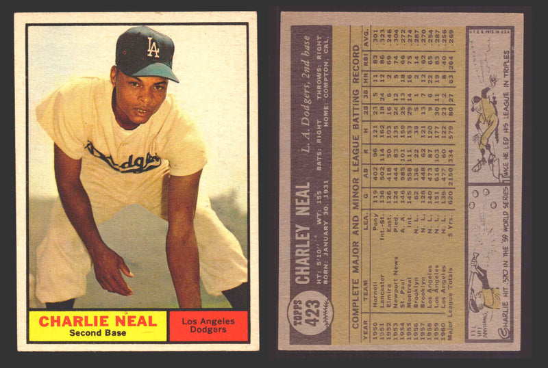 1961 Topps Baseball Trading Card You Pick Singles #400-#499 VG/EX #	423 Charlie Neal SP - Los Angeles Dodgers SP  - TvMovieCards.com
