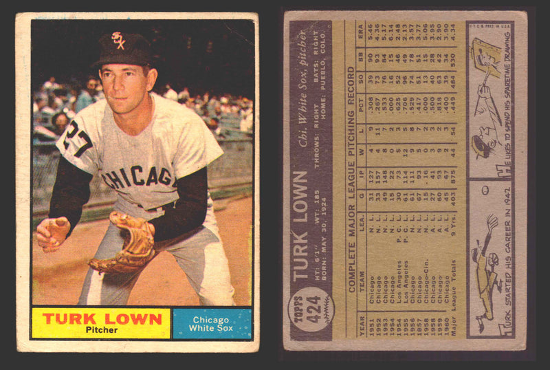 1961 Topps Baseball Trading Card You Pick Singles #400-#499 VG/EX #	424 Turk Lown - Chicago White Sox  - TvMovieCards.com