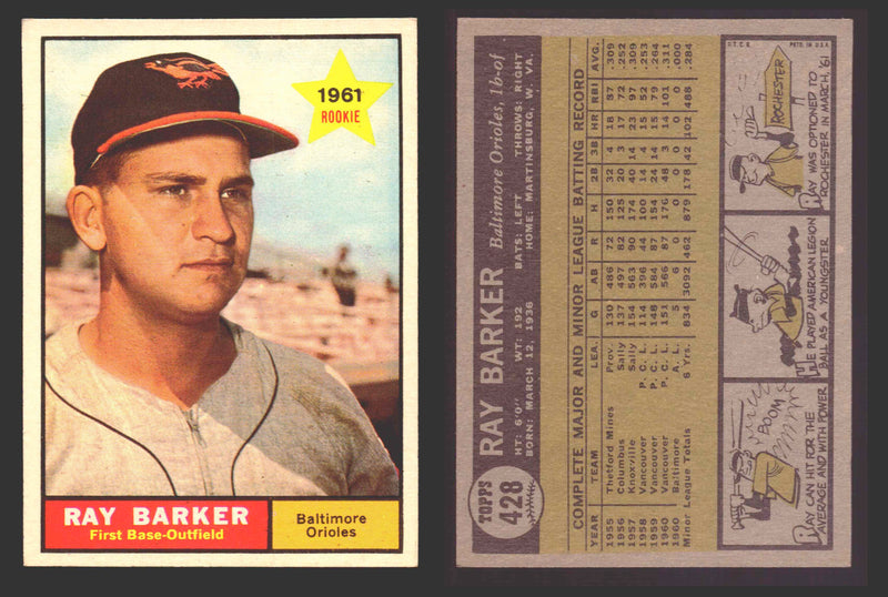 1961 Topps Baseball Trading Card You Pick Singles #400-#499 VG/EX #	428 Ray Barker - Baltimore Orioles RC SP  - TvMovieCards.com