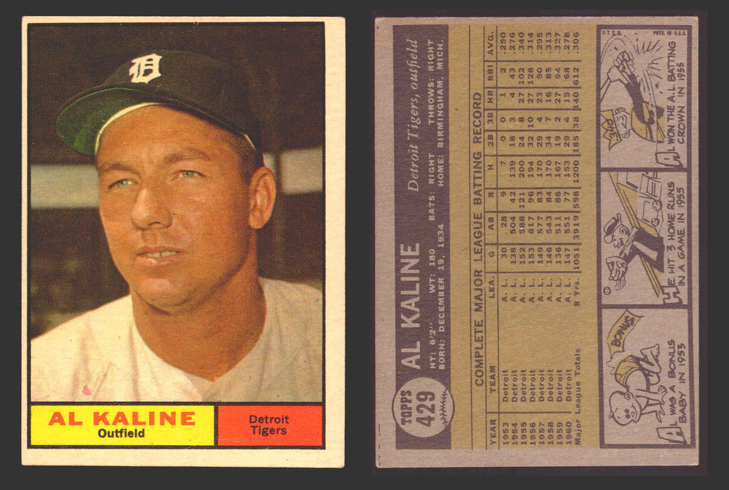 1961 Topps Baseball Trading Card You Pick Singles #400-#499 VG/EX #	429 Al Kaline - Detroit Tigers  - TvMovieCards.com