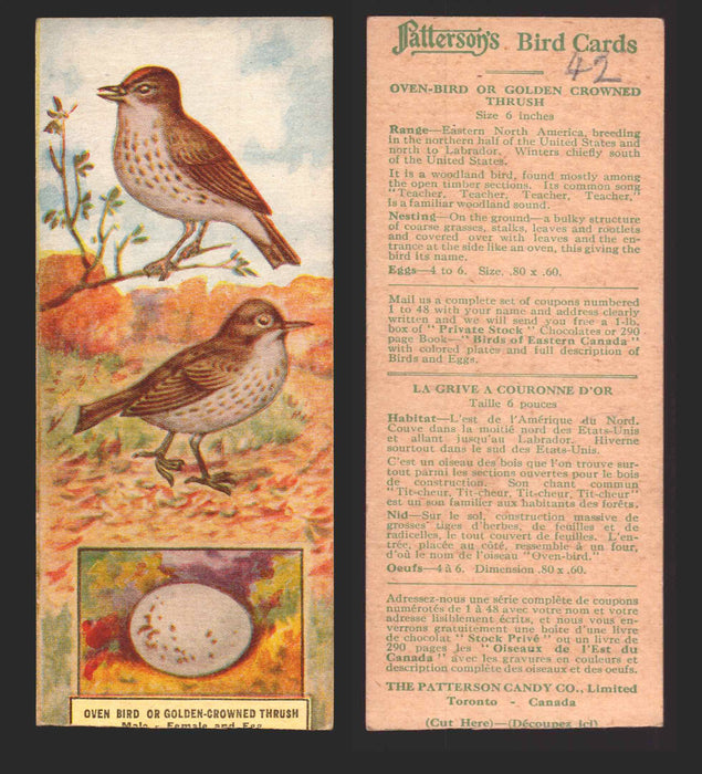 1924 Patterson's Bird Chocolate Vintage Trading Cards U Pick Singles #1-46 42 Oven-Bird or Golden Crowned Thrush  - TvMovieCards.com