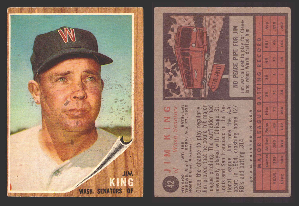 1962 Topps Baseball Trading Card You Pick Singles #1-#99 VG/EX #	42 Jim King - Washington Senators  - TvMovieCards.com