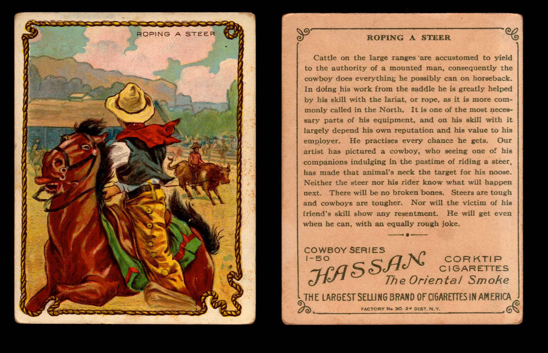 1909 T53 Hassan Cigarettes Cowboy Series #1-50 Trading Cards Singles #42 Roping A Steer  - TvMovieCards.com