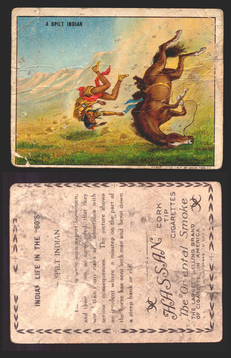 1910 T73 Hassan Cigarettes Indian Life In The 60's Tobacco Trading Cards Singles #42 A Spilt Indian  - TvMovieCards.com
