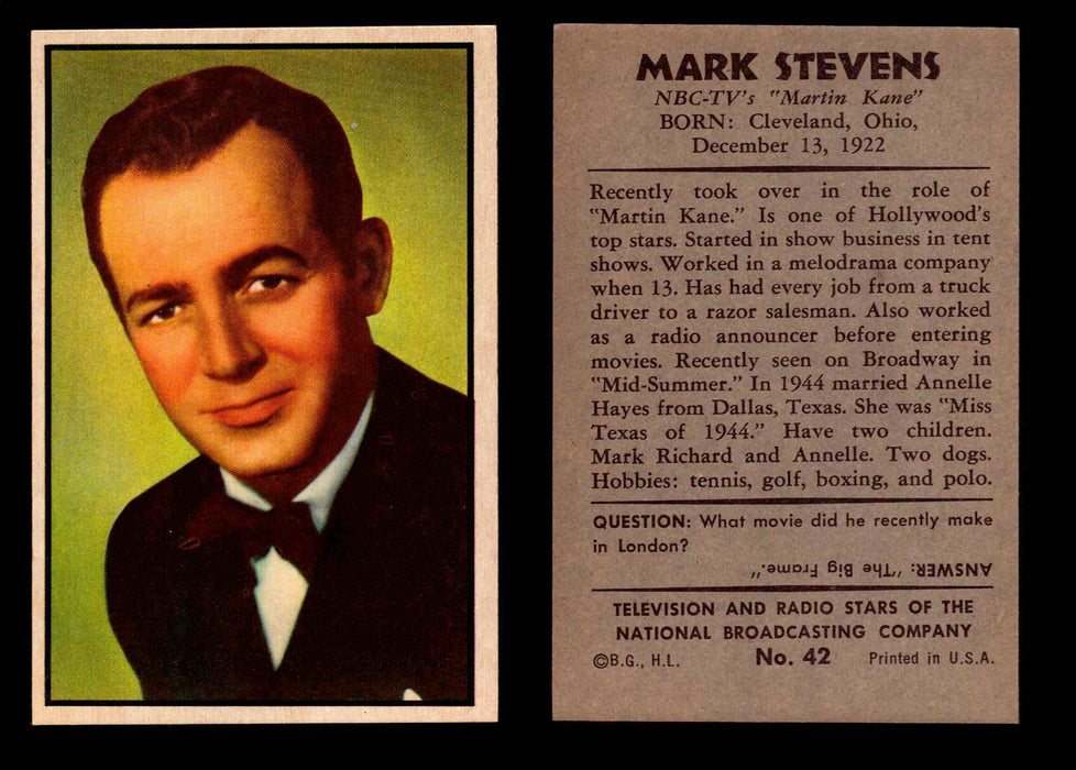 1953 Bowman NBC TV & Radio Stars Vintage Trading Card You Pick Singles #1-96 #42 Mark Stevens  - TvMovieCards.com