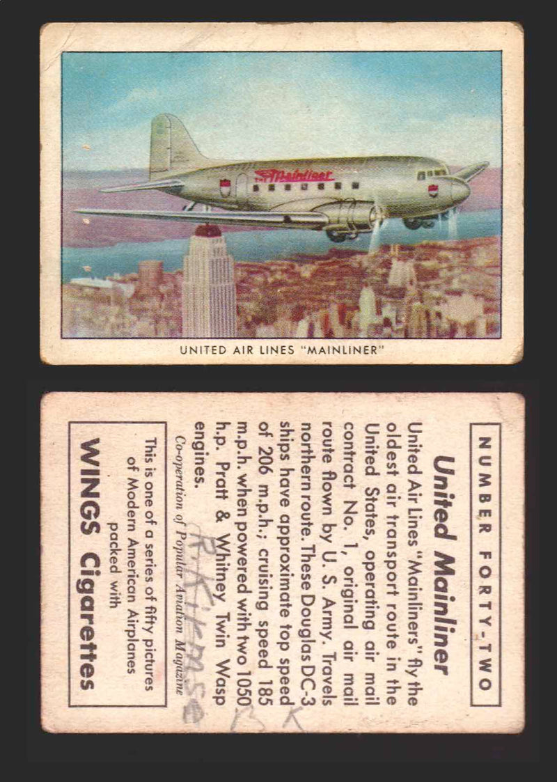 1940 Wings Cigarettes Modern Airplanes Series A B C You Pick Single Trading Card #42 United Air Lines "Mainliner" - TvMovieCards.com