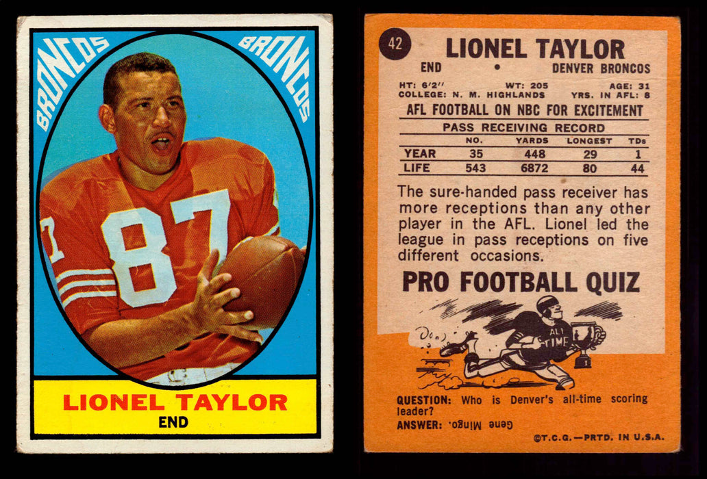 1967 Topps Football Trading Card You Pick Singles #1-#132 VG #42 Lionel Taylor (creased)  - TvMovieCards.com