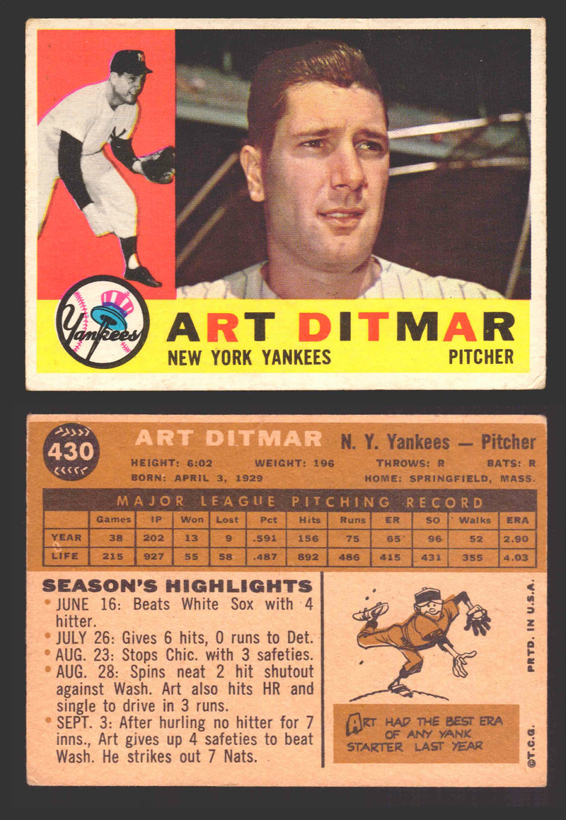 1960 Topps Baseball Trading Card You Pick Singles #250-#572 VG/EX 430 - Art Ditmar  - TvMovieCards.com