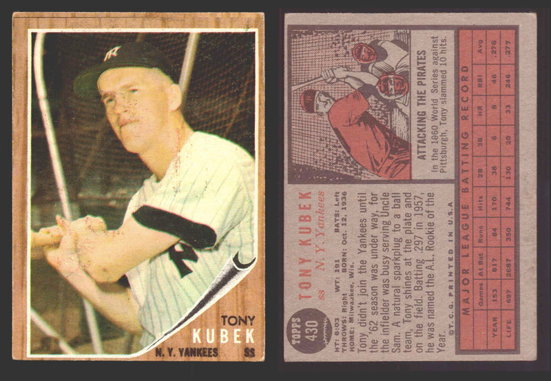 1962 Topps Baseball Trading Card You Pick Singles #400-#499 VG/EX #	430 Tony Kubek - New York Yankees  - TvMovieCards.com