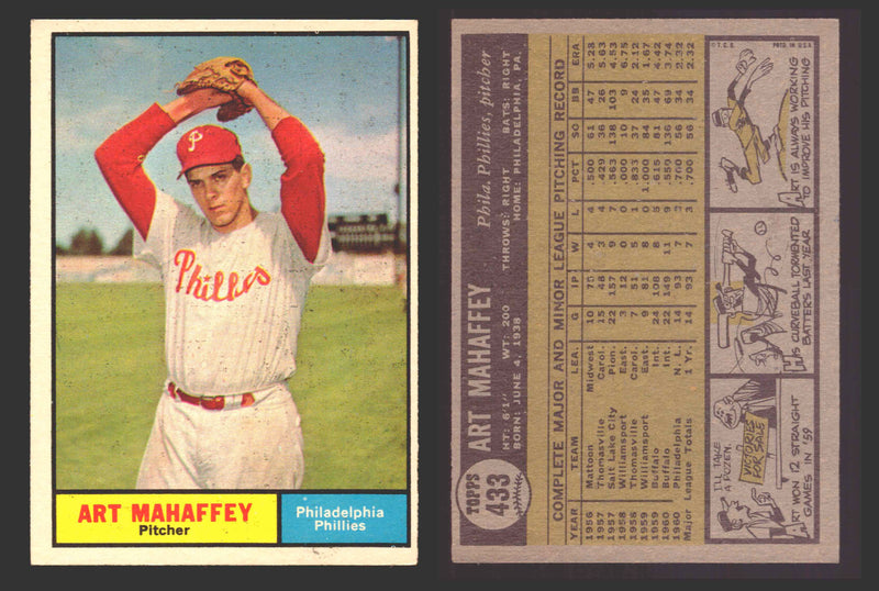 1961 Topps Baseball Trading Card You Pick Singles #400-#499 VG/EX #	433 Art Mahaffey - Philadelphia Phillies  - TvMovieCards.com