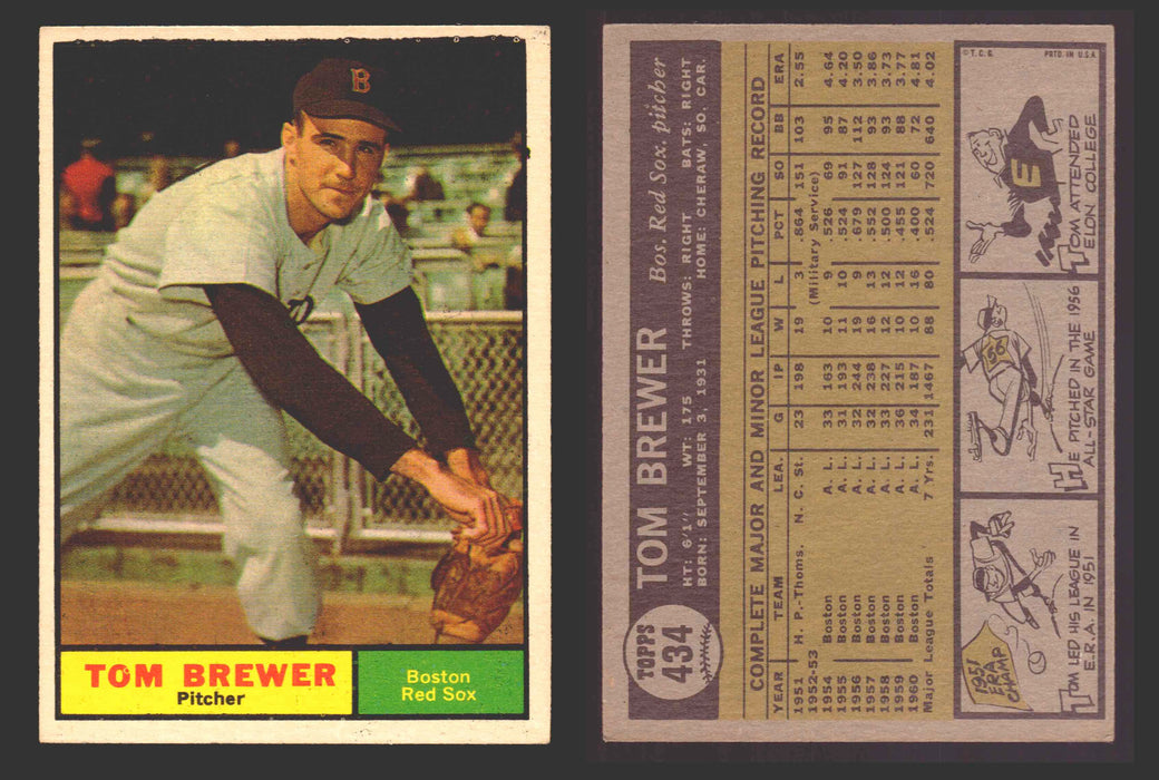 1961 Topps Baseball Trading Card You Pick Singles #400-#499 VG/EX #	434 Tom Brewer - Boston Red Sox  - TvMovieCards.com