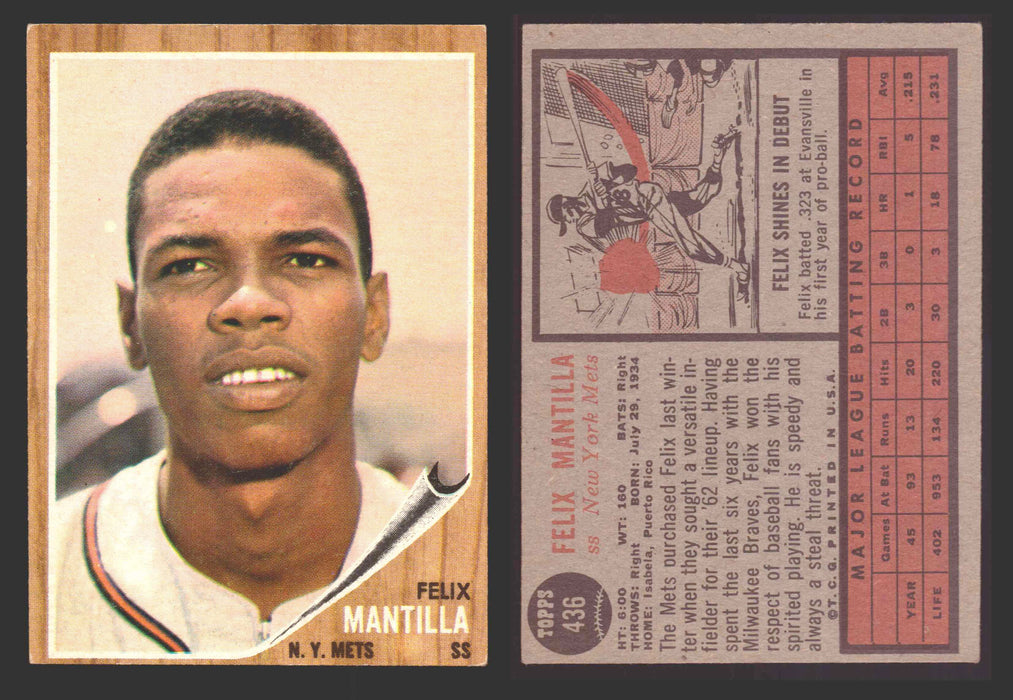 1962 Topps Baseball Trading Card You Pick Singles #400-#499 VG/EX #	436 Felix Mantilla - New York Mets  - TvMovieCards.com