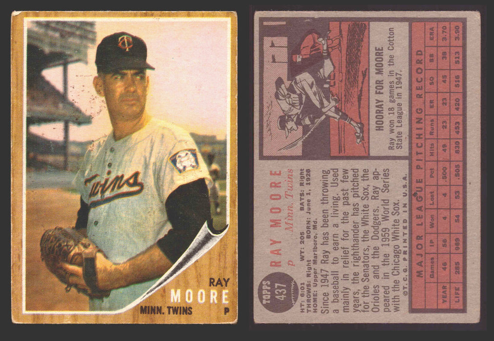 1962 Topps Baseball Trading Card You Pick Singles #400-#499 VG/EX #	437 Ray Moore - Minnesota Twins  - TvMovieCards.com
