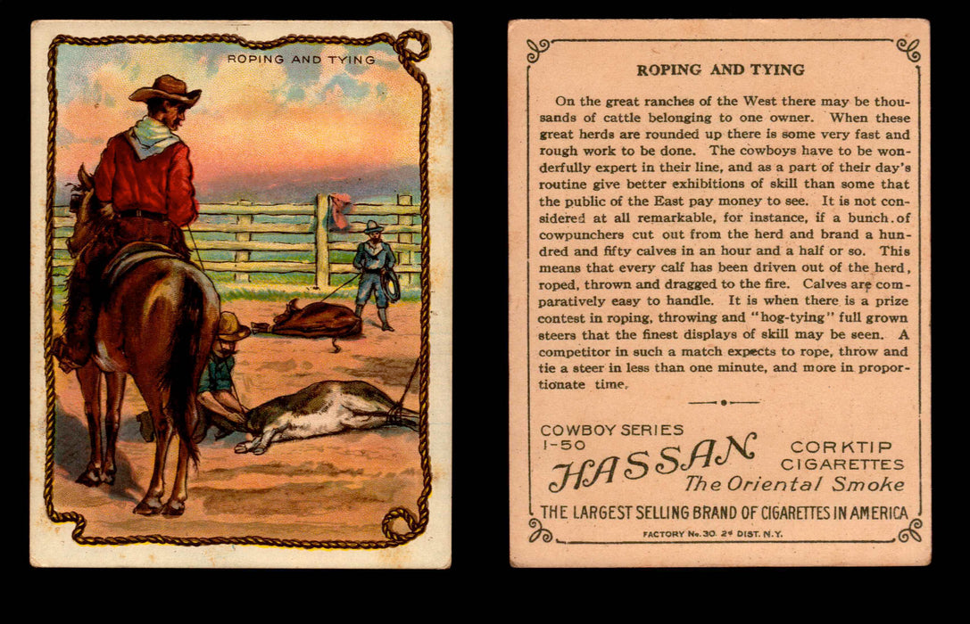 1909 T53 Hassan Cigarettes Cowboy Series #1-50 Trading Cards Singles #43 Roping and Tying  - TvMovieCards.com