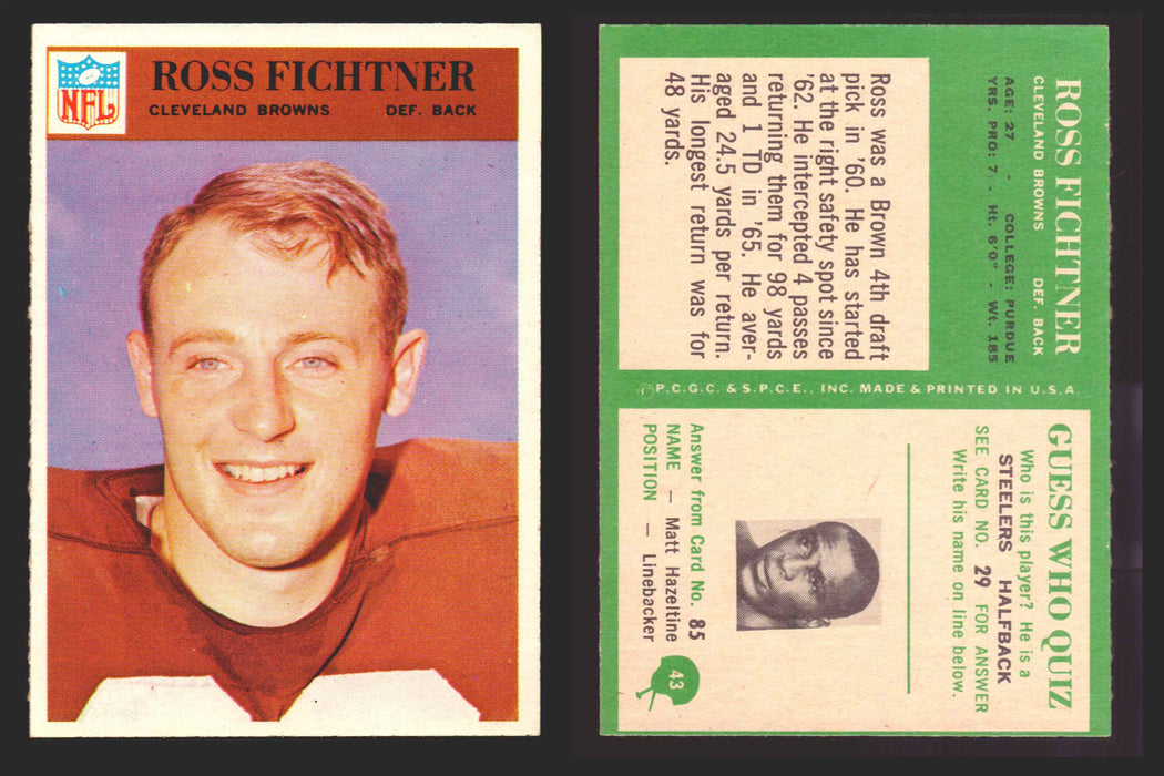 1966 Philadelphia Football NFL Trading Card You Pick Singles #1-#99 VG/EX 43 Ross Fichtner - Cleveland Browns  - TvMovieCards.com