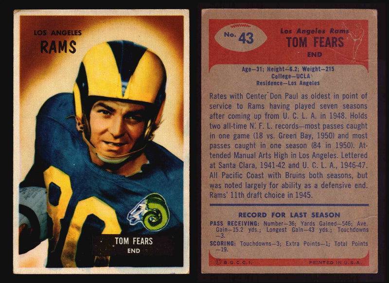 1955 Bowman Football Trading Card You Pick Singles #1-#160 VG/EX #43 Tom Fears (HOF) (creased corner)  - TvMovieCards.com