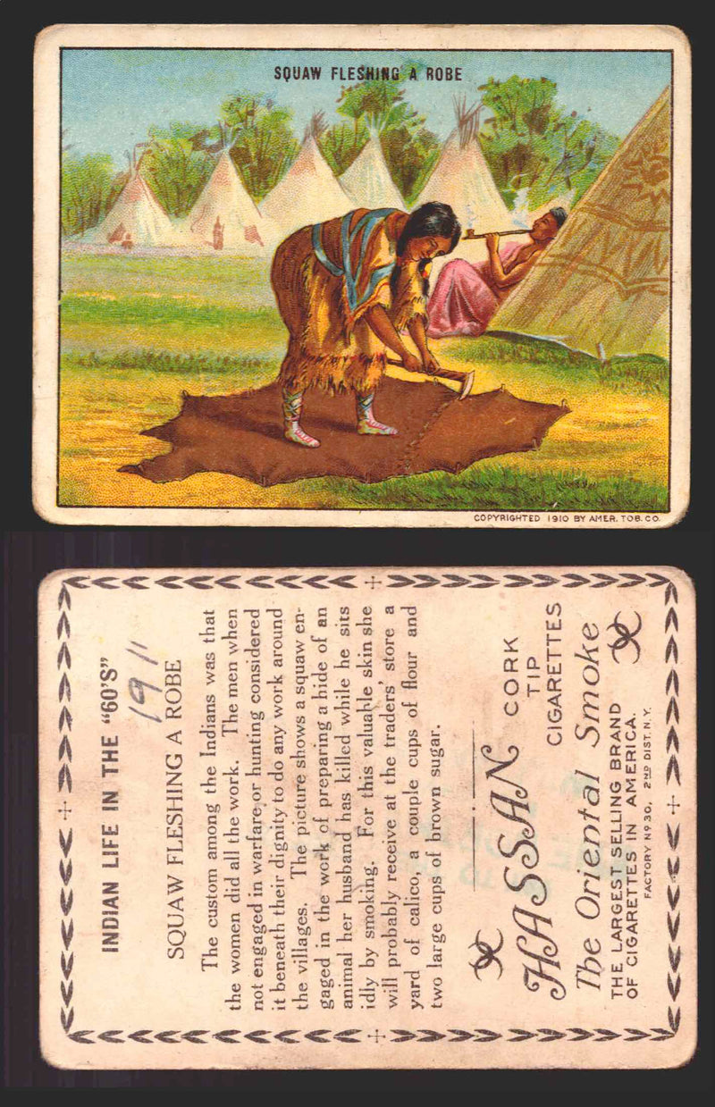 1910 T73 Hassan Cigarettes Indian Life In The 60's Tobacco Trading Cards Singles #43 Squaw Fleshing a Robe  - TvMovieCards.com