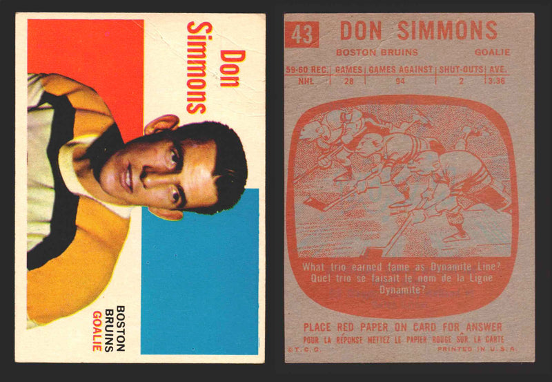 1960-61 Topps Hockey NHL Trading Card You Pick Single Cards #1 - 66 EX/NM 43 Don Simmons  - TvMovieCards.com